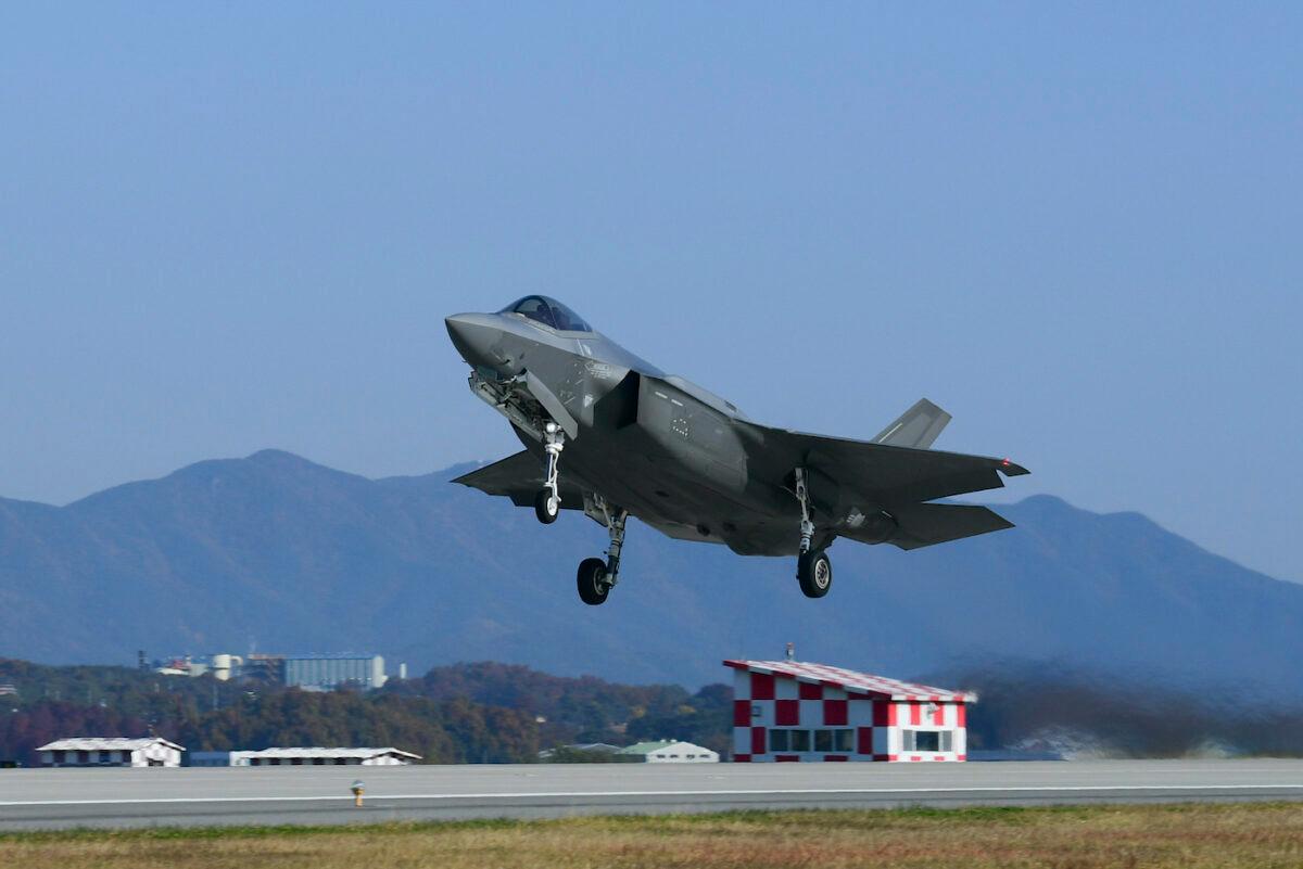 A South Korean Air Force F-35A fighter jet takes off from the runway during the "Vigilant Storm" U.S.-South Korea joint aerial drill at Gunsan Air Base, South Korea, on Oct. 31, 2022. (South Korean Defense Ministry via Getty Images)