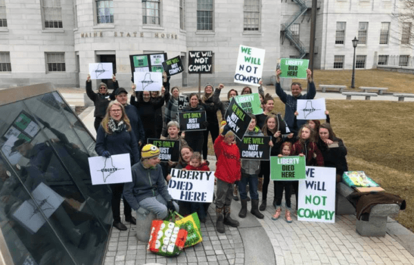 Health Choice Maine protesting COVID-19 vaccine mandates for health workers outside the Maine State House. (Image supplied)