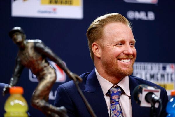 Justin Turner of the Los Angeles Dodgers speaks to the media after being announced as the winner of the 2022 Roberto Clemente Award prior to Game Three of the 2022 World Series at Citizens Bank Park in Philadelphia, on Oct. 31, 2022. (Sarah Stier/Getty Images)