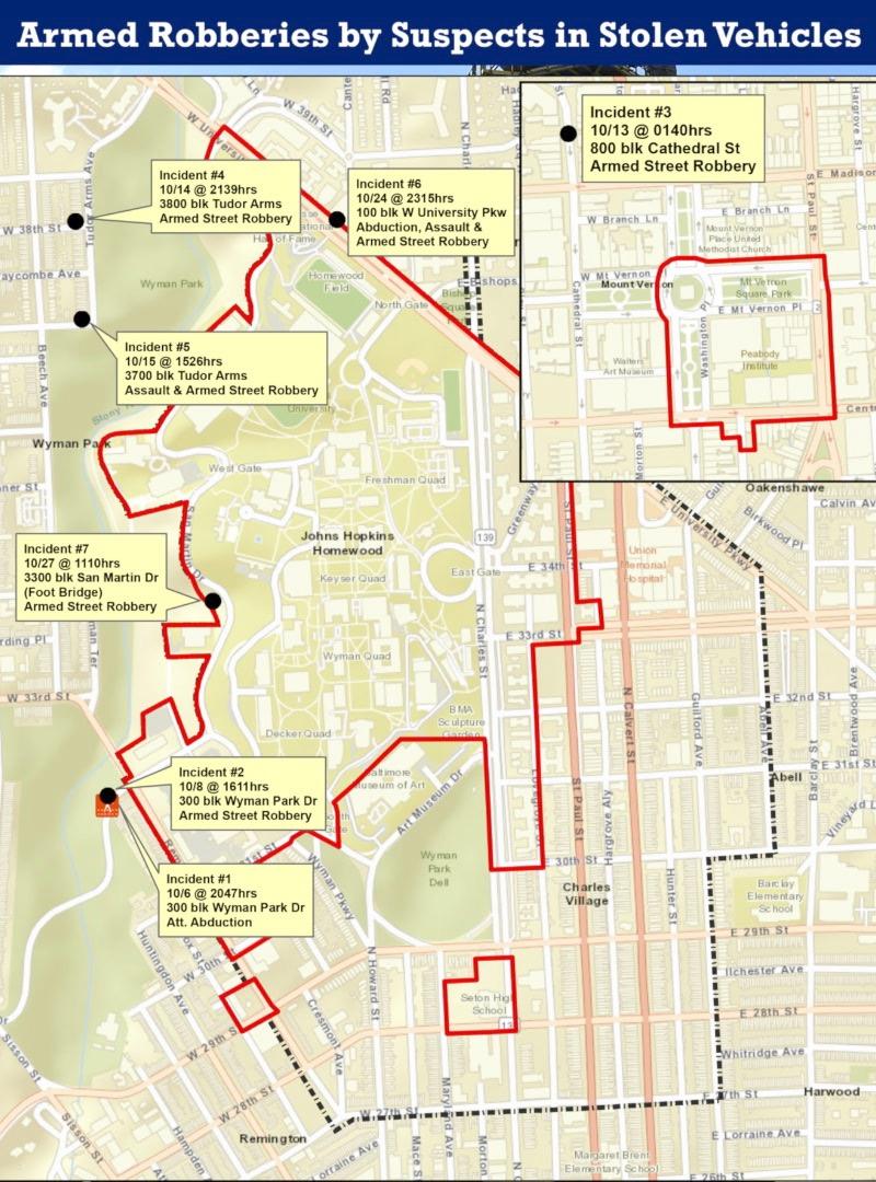 A map released by Johns Hopkins University officials shows the locations of recent armed robberies and violent crime incidents that took place around its Baltimore, Md., campuses. (Courtesy of Johns Hopkins Public Safety)