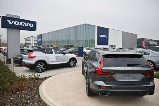 Volvo cars are seen on the forecourt of a Volvo dealership in Reading, west of London, United Kingdom on March 2, 2021. (Ben Stansall/AFP via Getty Images)