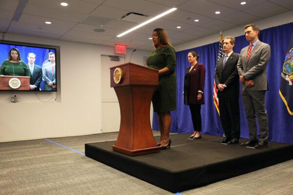 New York Attorney General Letitia James announced during a press conference that her office is suing former President Donald J. Trump and his children at the office of the attorney general in New York, on Sept. 21, 2022. (Michael M. Santiago/Getty Images)