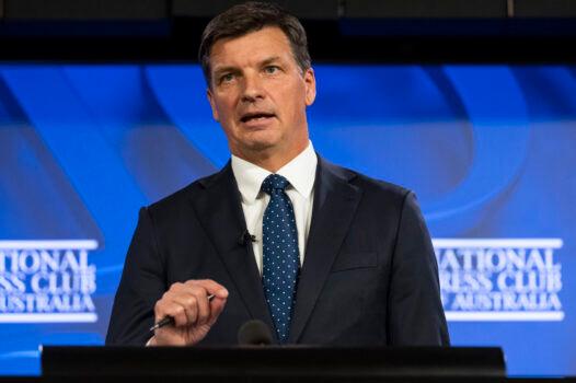 Opposition Treasurer Angus Taylor delivers his budget reply speech at The National Press Club in Canberra, Australia, on Nov. 2, 2022. (Martin Ollman/Getty Images)