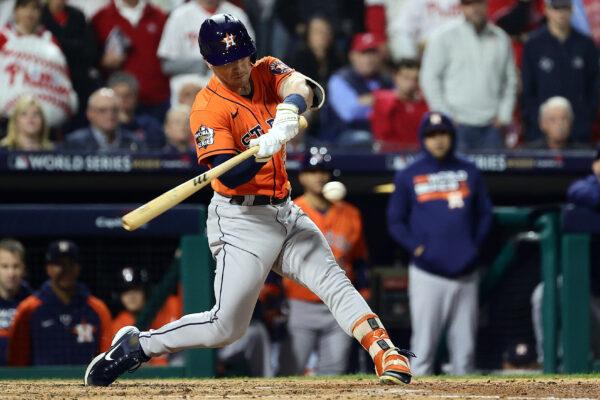 Alex Bregman (2) of the Houston Astros hits a RBI double against the Philadelphia Phillies during the fifth inning in Game Four of the 2022 World Series at Citizens Bank Park in Philadelphia, on Nov. 2, 2022. (Tim Nwachukwu/Getty Images)