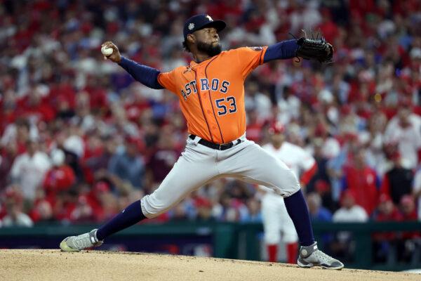 Cristian Javier (53) of the Houston Astros delivers a pitch against the Philadelphia Phillies during the first inning in Game Four of the 2022 World Series at Citizens Bank Park in Philadelphia, on Nov. 2, 2022. (Al Bello/Getty Images)