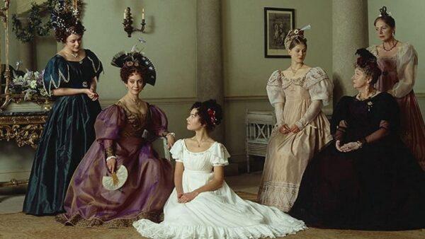 A publicity shot for "Wives and Daughters," showing the titular characters in their sumptuous costumes. (BBC)