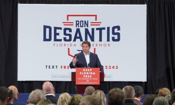 On a campaign stop in rural North Florida, five days before his successful reelection on Nov. 8, 2022, Florida Gov. Ron DeSantis (R) scorns left-wing ideology, saying "Florida is where 'woke' goes to die." (Nanette Holt/The Epoch Times)