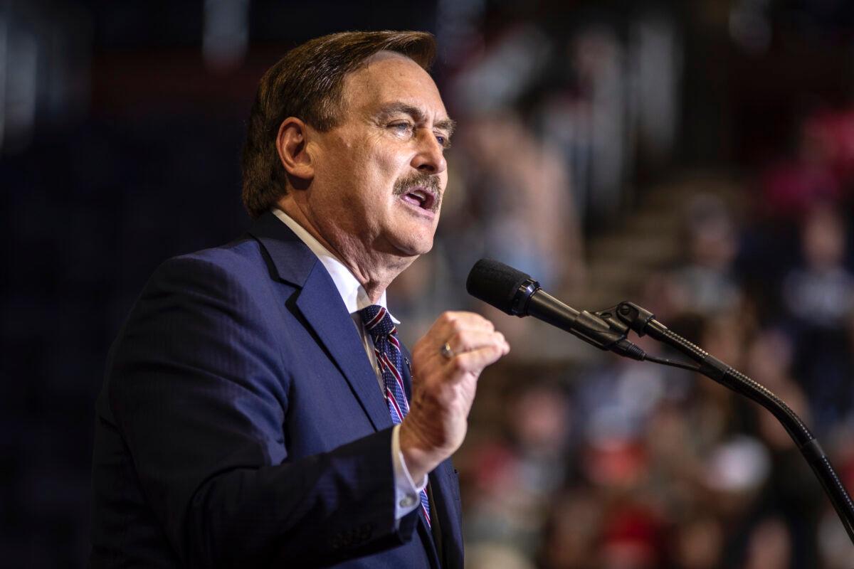 Mike Lindell speaks in Casper, Wyoming. The rally is being held to support Harriet Hageman, Rep. Liz Cheneys primary challenger in Wyoming, on May 28, 2022. (Chet Strange/Getty Images)