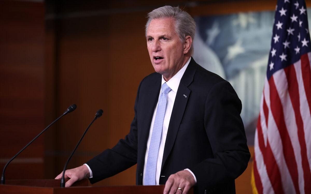 House Minority Leader Kevin McCarthy (R-Calif.) holds his weekly news conference at the U.S. Capitol Visitors Center in Washington on March 11, 2021. (Chip Somodevilla/Getty Images)