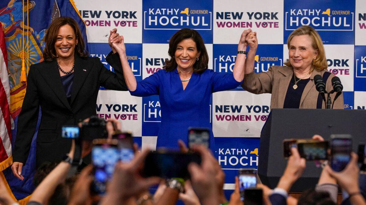 Vice President Kamala Harris (L), New York Gov. Kathy Hochul (C), and former Secretary of State Hillary Clinton (R) stand on stage during a "Get Out the Vote" rally at Manhattan's Barnard College in New York on Nov. 3, 2022. (Timothy A. Clary/AFP via Getty Images)