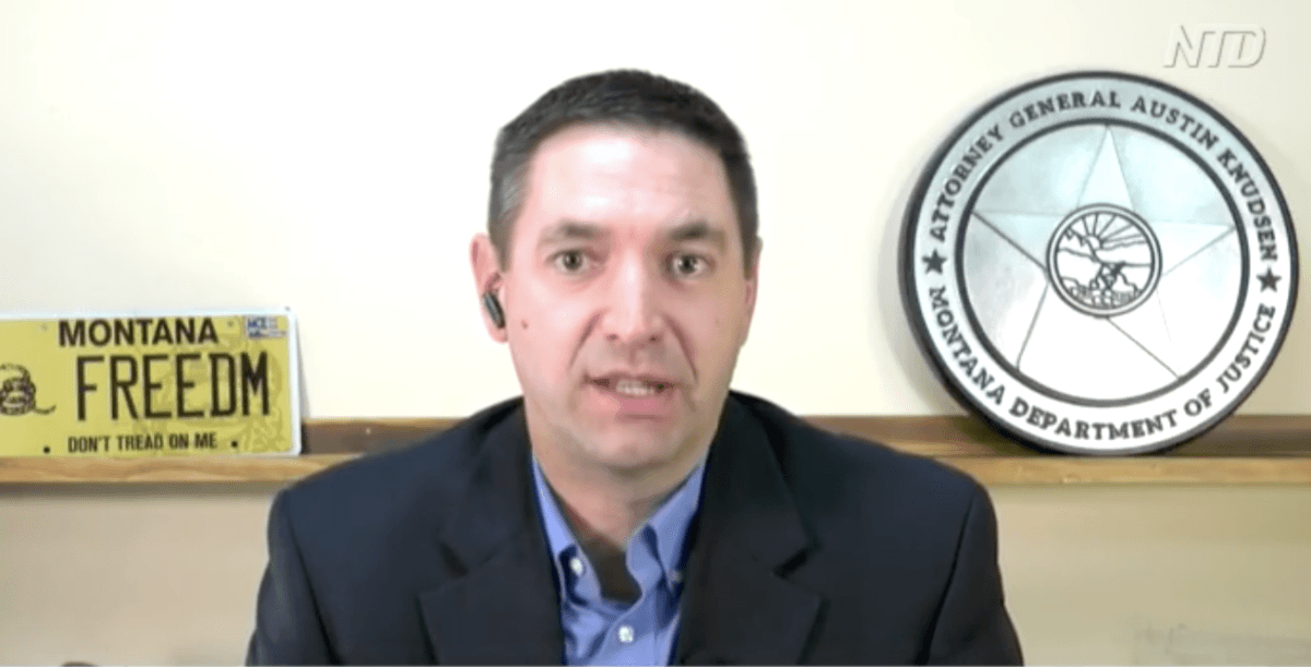 Montana Attorney General Austin Knudsen in an interview on the "Newsmakers" program on Nov. 3, 2022, in a still from a video. (NTD)