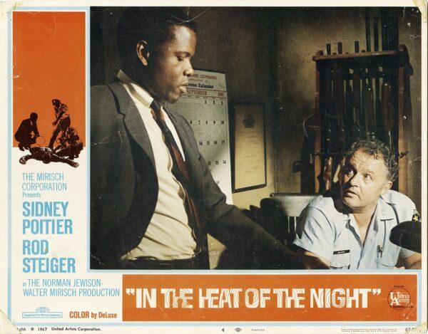 Norman Jewison's film on overcoming bigotry as shown in a lobby card for "In the Heat of the Night." (MovieStillsDB)