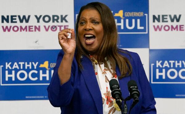  New York attorney general Letitia James speaks during a "Get Out the Vote" rally with New York Gov. Kathy Hochul, U.S. Secretary of State Hilary Clinton, and Vice President Kamala Harris in New York on Nov. 3, 2022.  (Timothy A. Clary/AFP via Getty Images)