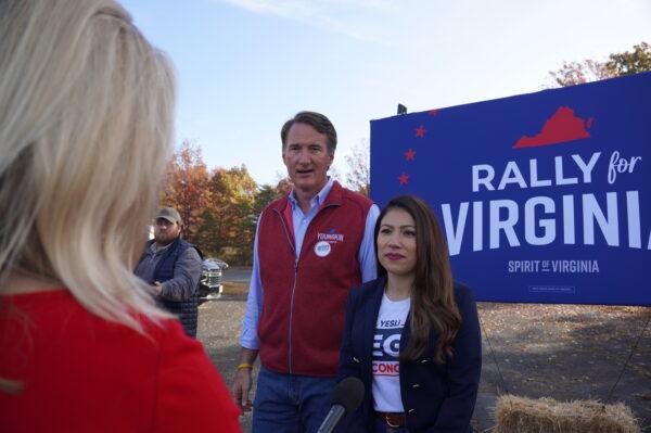 Virginia Gov. Glenn Youngkin (L) at a campaign event for Republican Congressional candidate Yesli Vega (R) in Fredericksburg, Va., on Nov. 5, 2022. (Terri Wu/The Epoch Times)
