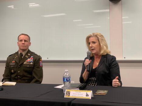 Secretary of the Army Christine E. Wormuth (R) and LTC Johann W. Hindert (L), commander, U.S. Army Recruiting Battalion Los Angeles, speaking at a U.S. Army Los Angeles Community Partners meeting in Los Angeles on Nov. 2, 2022. (Linda Jiang/The Epoch Times)