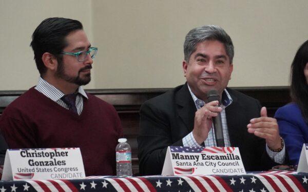 Santa Ana mayoral candidate Jose Solorio speaks at Ebell Club in Santa Ana, Calif., on Nov. 2, 2022. (Rudy Blalock/The Epoch Times)