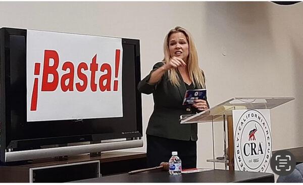 Kelly Ernby speaks at the first Basta meeting in Santa Ana, Calif., on April 27, 2021. (Courtesy of Basta)