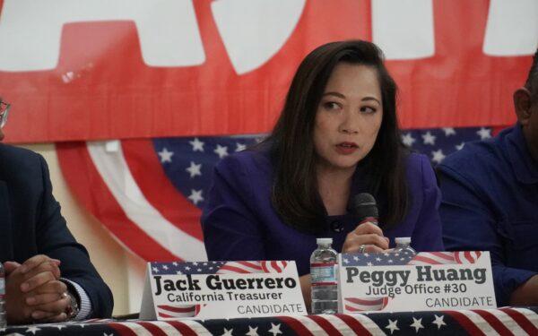 Judge Office #30 Candidate Peggy Huang speaks at Ebell Club in Santa Ana, Calif., on Nov. 2, 2022. (Rudy Blalock/The Epoch Times)