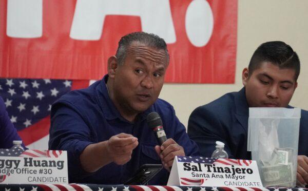 Santa Ana mayoral candidate Sal Tinajero speaks at Ebell Club in Santa Ana, Calif., on Nov. 2, 2022. (Rudy Blalock/The Epoch Times)