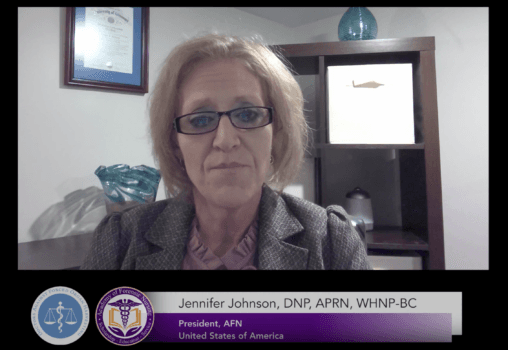 Jennifer Johnson, the president of AFN, speaks at the Nurses Summit on Combatting and Preventing Forced Organ Harvesting on Nov. 1, 2022. (Courtesy of DAFOH)