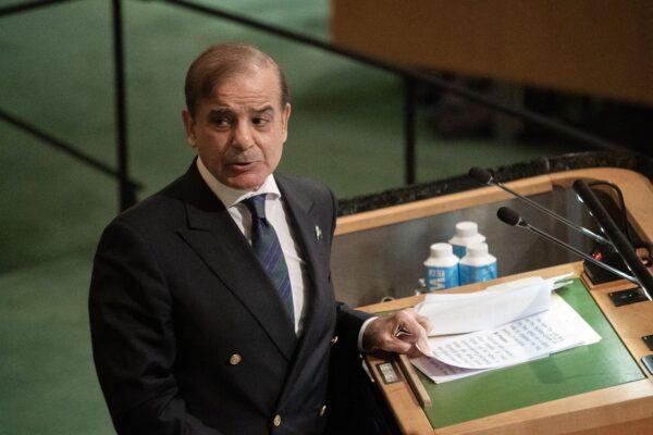 Pakistani Prime Minister Shehbaz Sharif addresses the 77th session of the United Nations General Assembly at UN headquarters in New York City, on Sept. 23, 2022. (Bryan R. Smith/AFP via Getty Images)