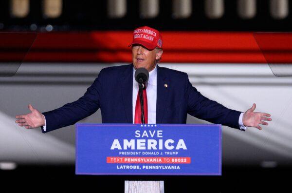 Former U.S. President Donald Trump speaks during a "Save America" rally ahead of the midterm elections at Arnold Palmer Regional Airport in Latrobe, Penn., on Nov. 5, 2022. (Angela Weiss/AFP via Getty Images)