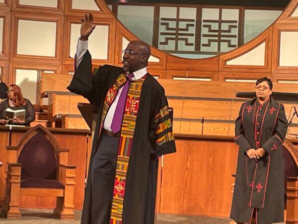 Sen. Rev. Raphael Warnock (D-Ga.) preaches from his pulpit at Ebenezer Baptist Church in Atlanta, Ga., on Nov. 6, 2022. (Jackson Elliott/The Epoch Times)