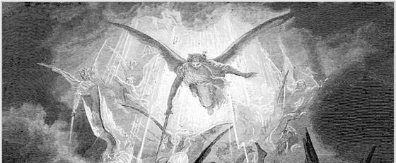 A detail of Doré's engraving shows heavenly angels in battle with rebel angels. “Him the Almighty Power/Hurled headlong flaming from the ethereal sky (I. 44, 45),” 1866, by Gustav Doré for John Milton’s “Paradise Lost.” Engraving. (Public Domain)