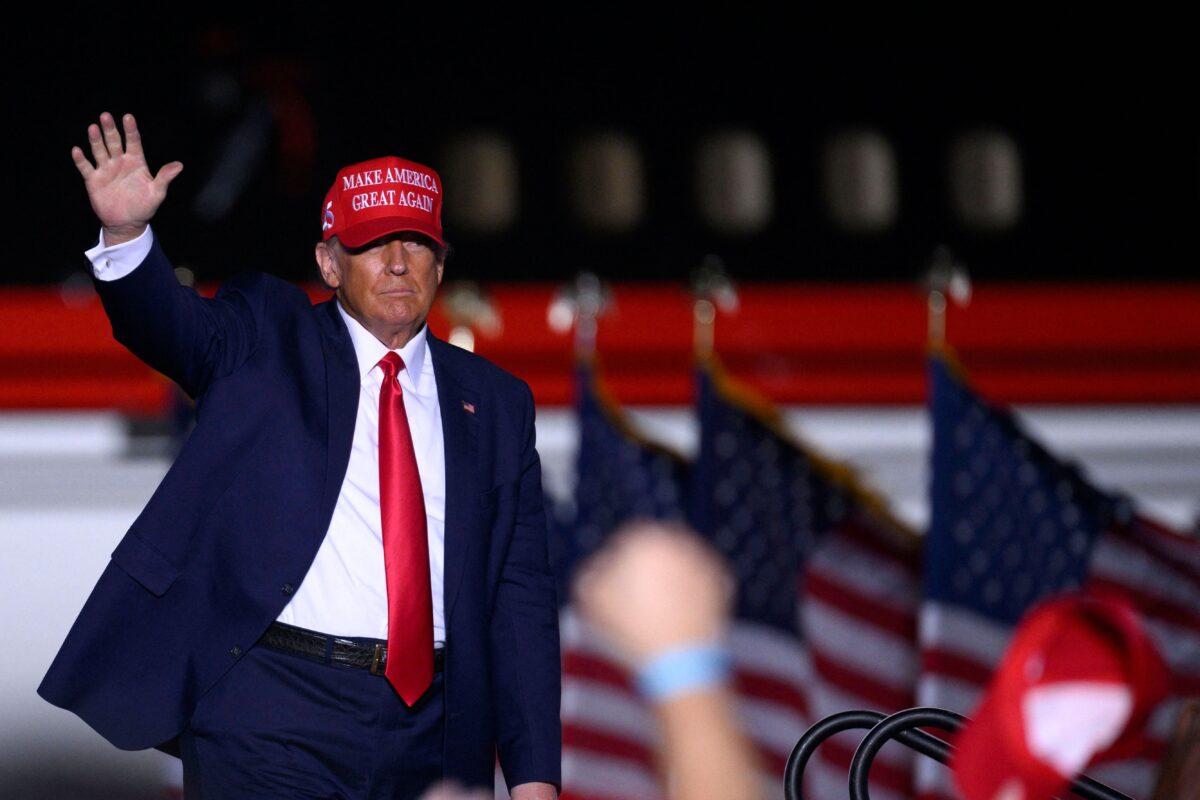 Former President Donald Trump arrives for a "Save America" rally ahead of the midterm elections at Arnold Palmer Regional Airport in Latrobe, Pa., on Nov. 5, 2022. (Angela Weiss/AFP via Getty Images)