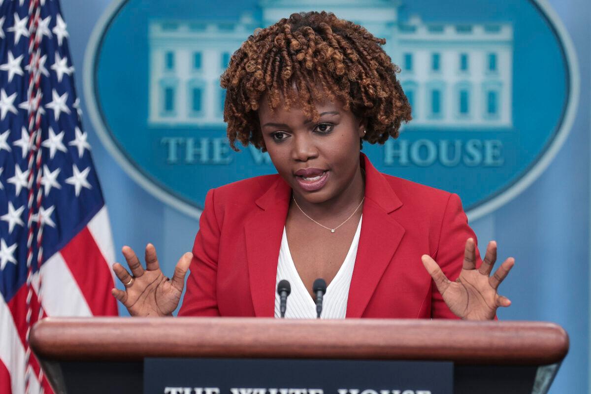  White House Press Secretary Karine Jean-Pierre speaks during a daily press briefing in the James S. Brady Press Briefing Room at the White House in Washington, on Nov. 2, 2022. (Oliver Contreras/Getty Images)