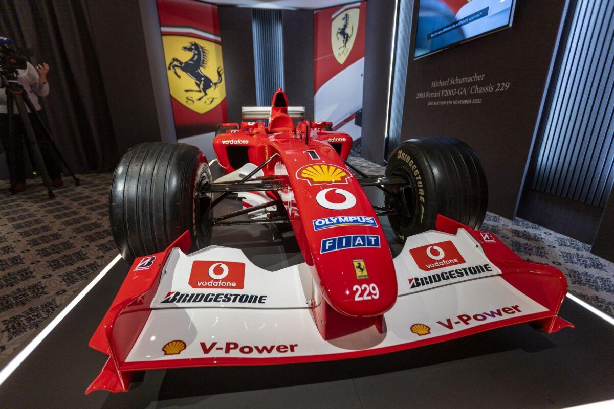 The Ferrari F2003 GA chassis number 229 with which Formula One F1 driver Michael Schumacher won his sixth World Championship title is seen during a preview at Sotheby's before the auction sale, in Geneva, Switzerland, on Nov. 4, 2022. (Denis Balibouse/Reuters)