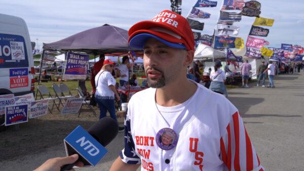 Adam Radogna, a business owner and real estate investor from Ohio, at the "Save America" rally in Latrobe, Pennsylvania. Like many others at the rally, Radogna said inflation is a huge concern. (William Huang /The Epoch Times)