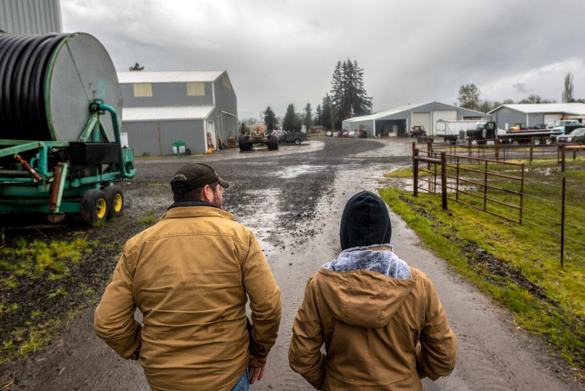Brett Murray (L) and Kambrie Murray, 17, walk through their family ranch at Murray Hay & Cattle in Lebanon, Ore., on April 13, 2022. (Nathan Howard/Getty Images)