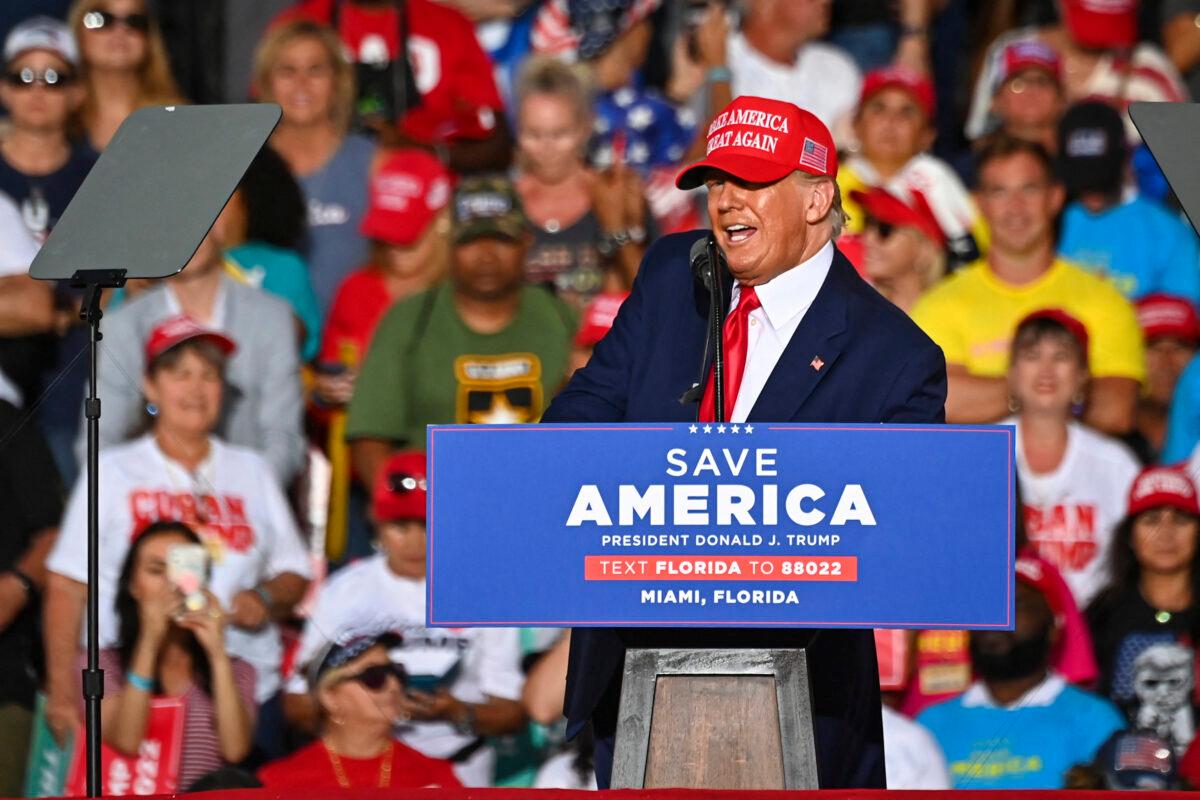 Former President Donald Trump speaks during a "Save America" rally in support of Sen. Marco Rubio (R-Fla.) ahead of the midterm elections at Miami-Dade County Fair and Exposition in Miami on Nov. 6, 2022. (Eva Marie Uzcategui/AFP via Getty Images)