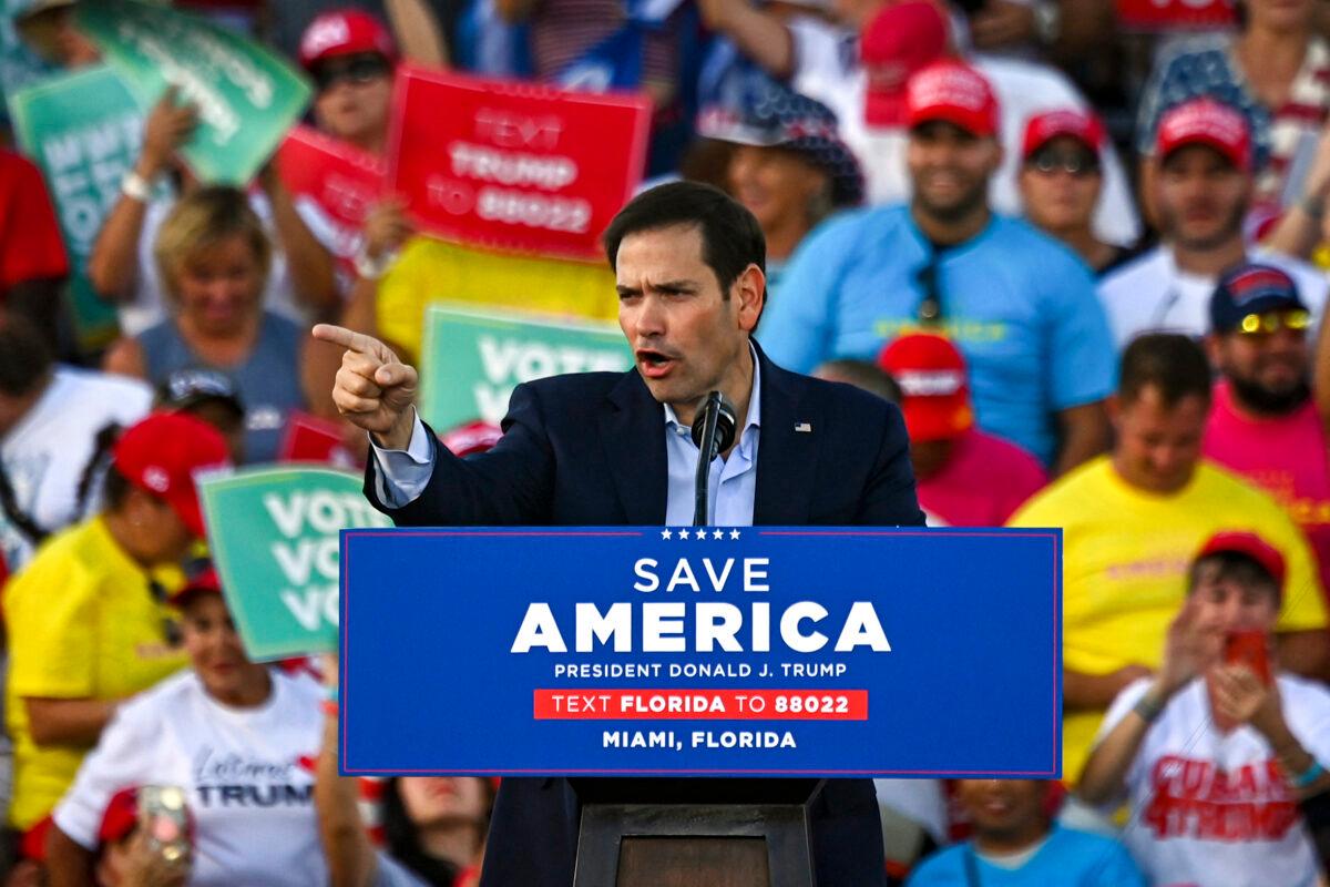 Sen. Marco Rubio (R-Fla.) speaks at a "Save America" rally ahead of the midterm elections at Miami-Dade County Fair and Exposition in Miami on Nov. 6, 2022. (Eva Marie Uzcategui/AFP via Getty Images)