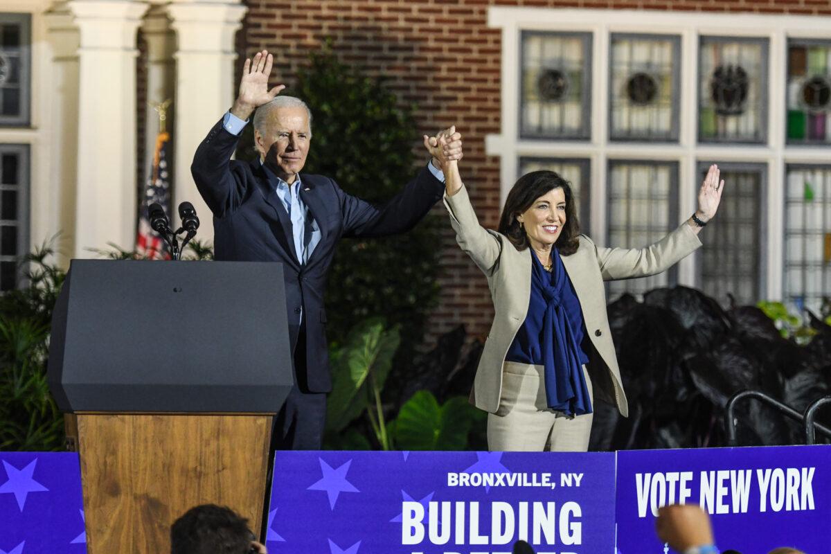 President Joe Biden speaks at a rally for New York incumbent Gov. Kathy Hochul and other state Democrats in Yonkers, N.Y., on Nov. 6, 2022. (Stephanie Keith/Getty Images)