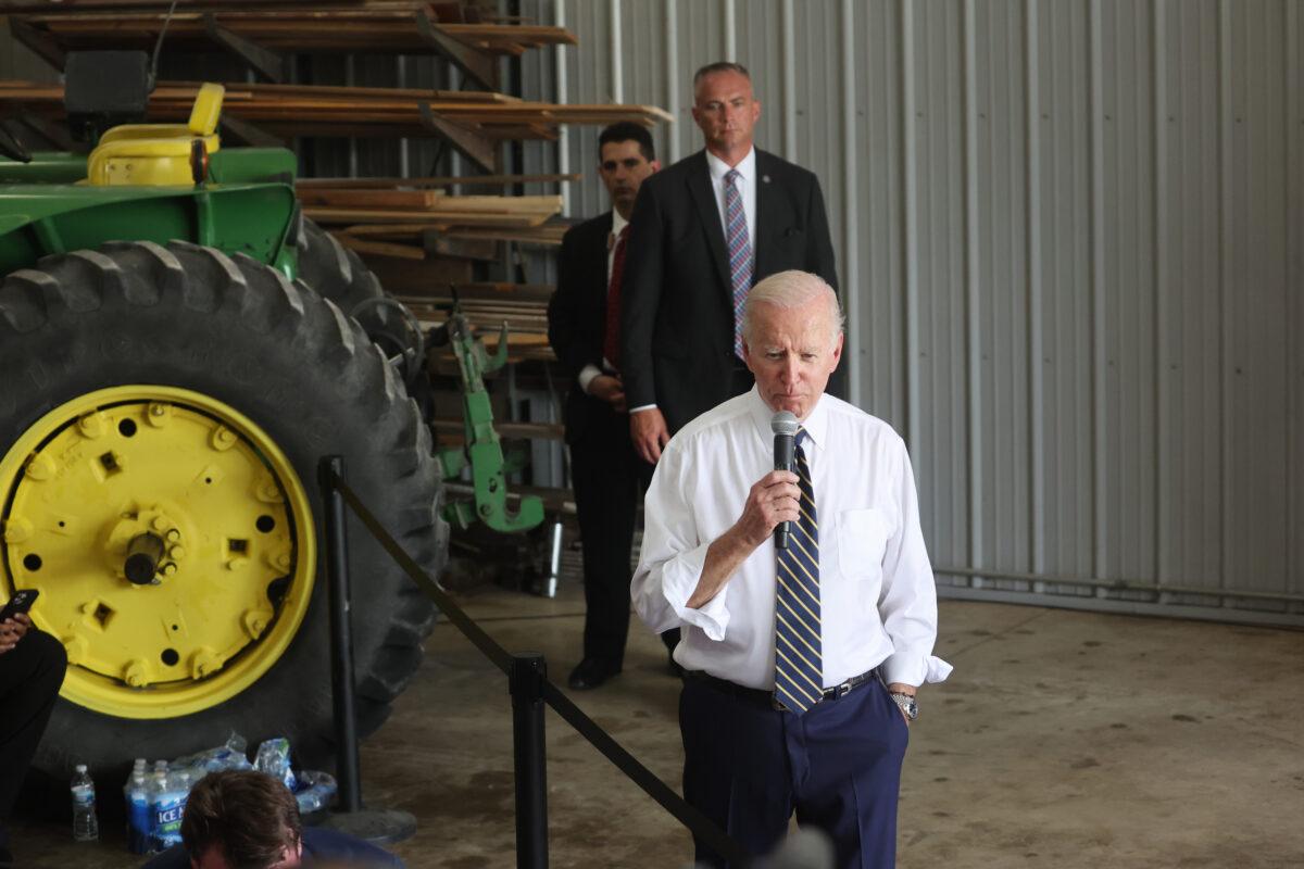 President Joe Biden speaks to guests gathered at the O'Connor Grain Farm in Kankakee, Ill., on May 11, 2022. (Scott Olson/Getty Images)