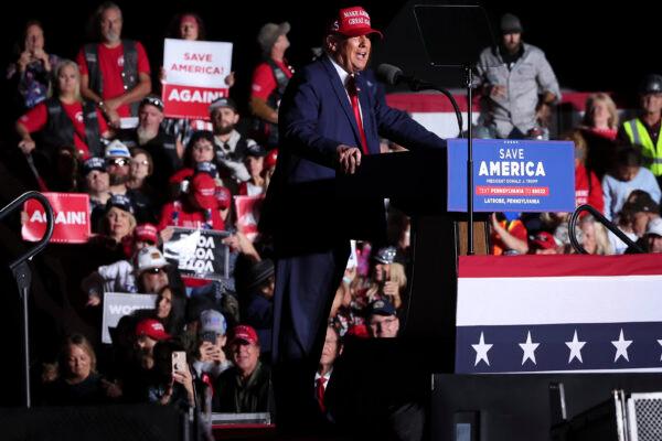 Former U.S. President Donald Trump speaks during a rally at the Arnold Palmer Regional Airport in Latrobe, Pennsylvania, on Nov. 5, 2022. (Win McNamee/Getty Images)