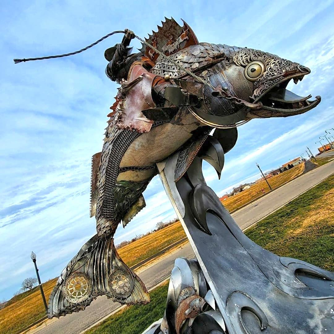 A fantastical sculpture of a fish and rider by John Lopez. (Courtesy of <a href="https://www.instagram.com/johnlopezstudio/">John Lopez</a>)