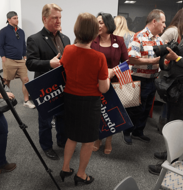 Nevada Republican Secretary of State candidate Jim Marchant speaks with voters at a rally for Joe Lombardo, the Clark County Sheriff who is challenging incumbent Democratic candidate Steve Sisolak, in Henderson, Nev., on Nov. 6, 2022. (John Haughey/The Epoch Times)