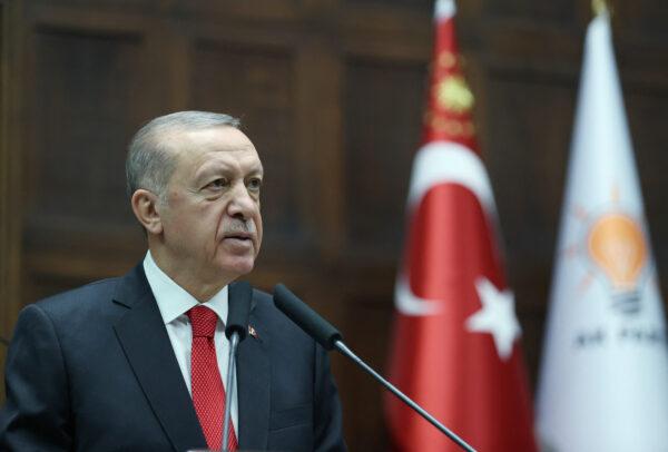 Turkish President Recep Tayyip Erdogan addresses members of parliament from his ruling AK Party (AKP) during a meeting at the Turkish parliament in Ankara, Turkey, on Nov. 2, 2022. (Murat Cetinmuhurdar/PPO/Handout via Reuters)