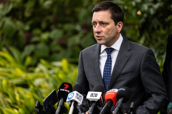 Victorian Opposition Leader Matthew Guy speaks to media during a press conference in Melbourne, Australia, on Sept. 21, 2022. (AAP Image/Diego Fedele)