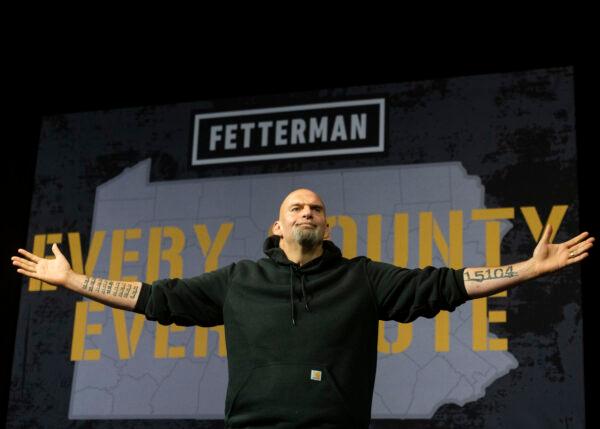 Pennsylvania Lt. Gov. John Fetterman, then the Democrat Senate candidate, is welcomed on stage during a rally at the Bayfront Convention Center in Erie, Pa., on Aug. 12, 2022. (Nate Smallwood/Getty Images)
