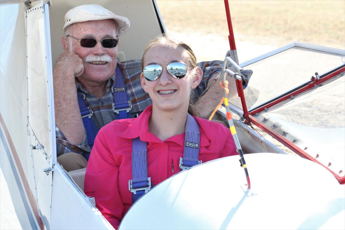Grace Stumpf, 14, gets ready to take off with instructor John Chapman at Skylark North Glider flight school in Tehachapi, Calif. Stumpf was encouraged to enter an essay contest by Kathleen Fredette, director of STEAM Initiatives with iLEAD Schools, and won a soaring scholarship. (Linda KC Reynolds)