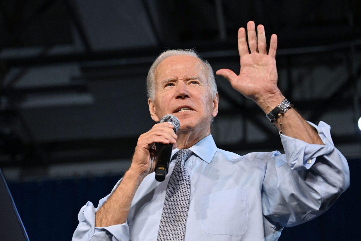 President Joe Biden speaks during a rally for gubernatorial candidate Wes Moore and the Democratic Party on the eve of the midterm elections at Bowie State University in Bowie, Md., on Nov. 7, 2022. (Mandel Ngan/AFP via Getty Images)
