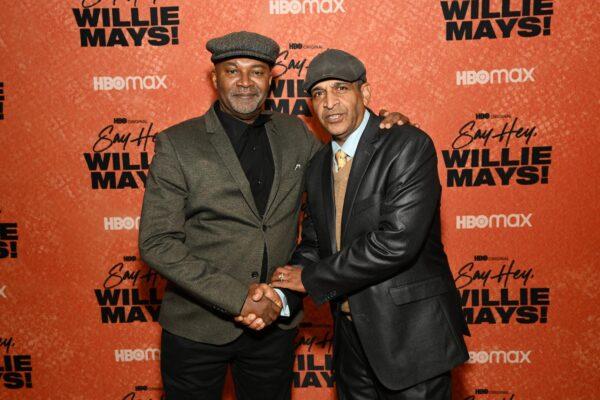 Nelson George (L), director of the documentary "Say Hey, Willie Mays!" and Mays's son Michael. (HBO)