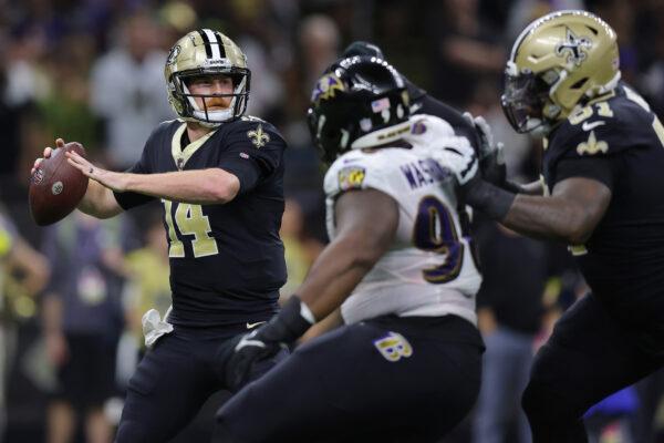 Andy Dalton (14) of the New Orleans Saints throws the ball during the second quarter against the Baltimore Ravens at Caesars Superdome in New Orleans, on Nov. 07, 2022. (Jonathan Bachman/Getty Images)