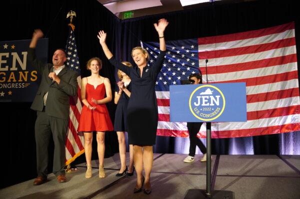 Republican Congresswoman-elect Jen Kiggans with her family at her victory speech in Virginia Beach, Va., on Nov. 8, 2022. (Terri Wu/The Epoch Times)