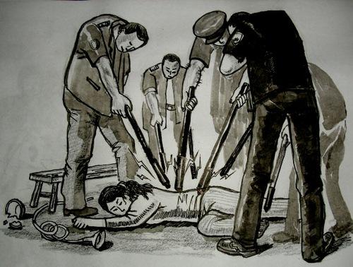 Torture illustration: Shocked with multiple electrical batons. (Courtesy of Minghui.org)