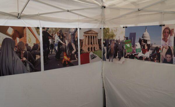 Images displayed at the "Woman, Life, Freedom" art exhibit at the Holiday Faire at Great Park in Irvine, Calif., on Nov. 5, 2022. (Rudy Blalock/The Epoch Times)